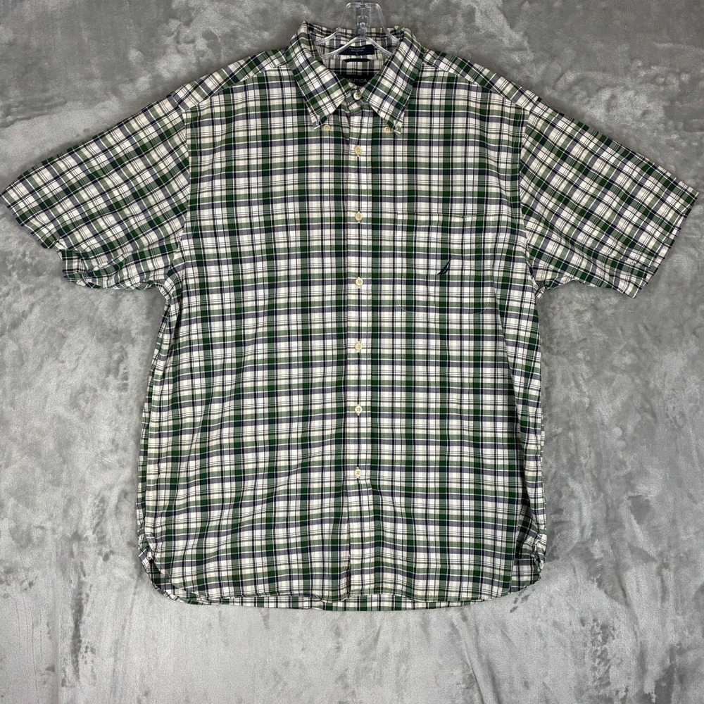 Nautica Mens Large Short Sleeve Button Down Shirt Green Navy Plaid Cotton Logo